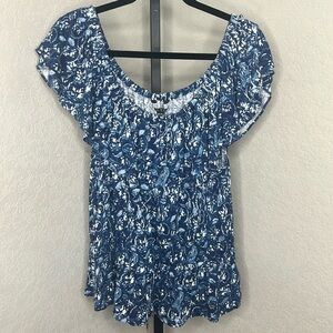 727 - Lauren Ralph Lauren Black Label NWT Blue Floral Ruffle Top, Size XL